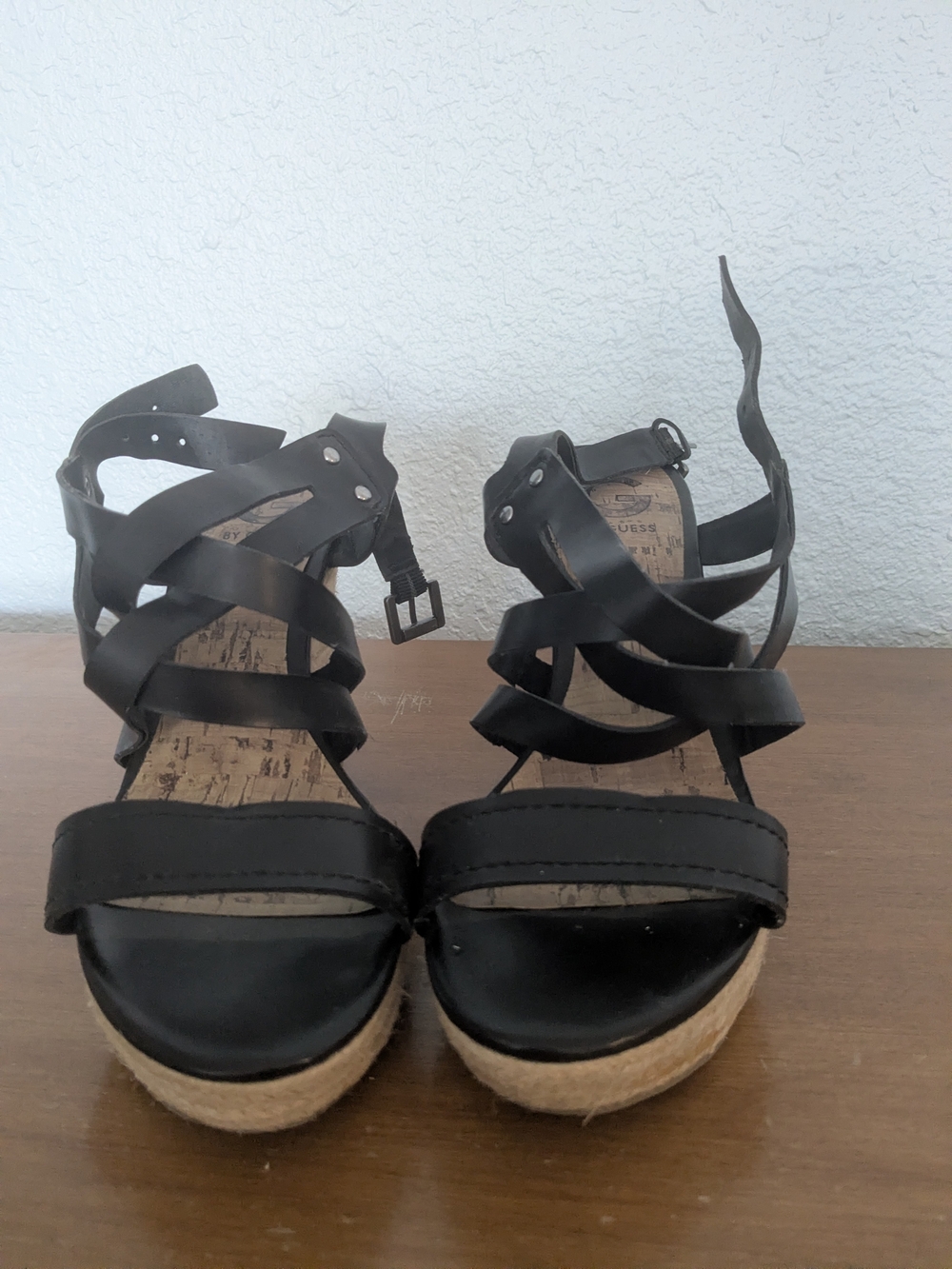 Guess Black Strappy Wedge Sandals - Women's